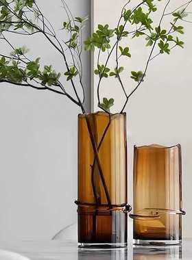 轻奢北欧直筒缠丝口部不规则摩卡棕色琉璃花瓶客厅卧室书房桌面