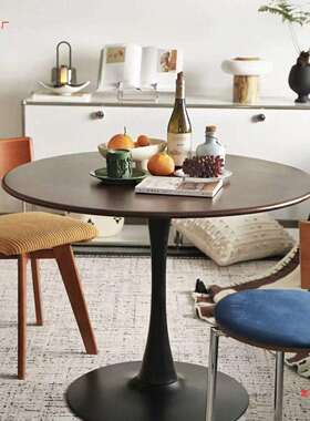 北欧北复古郁小金胡桃圆形香实木SAG圆桌餐桌家用户型咖啡阳台欧