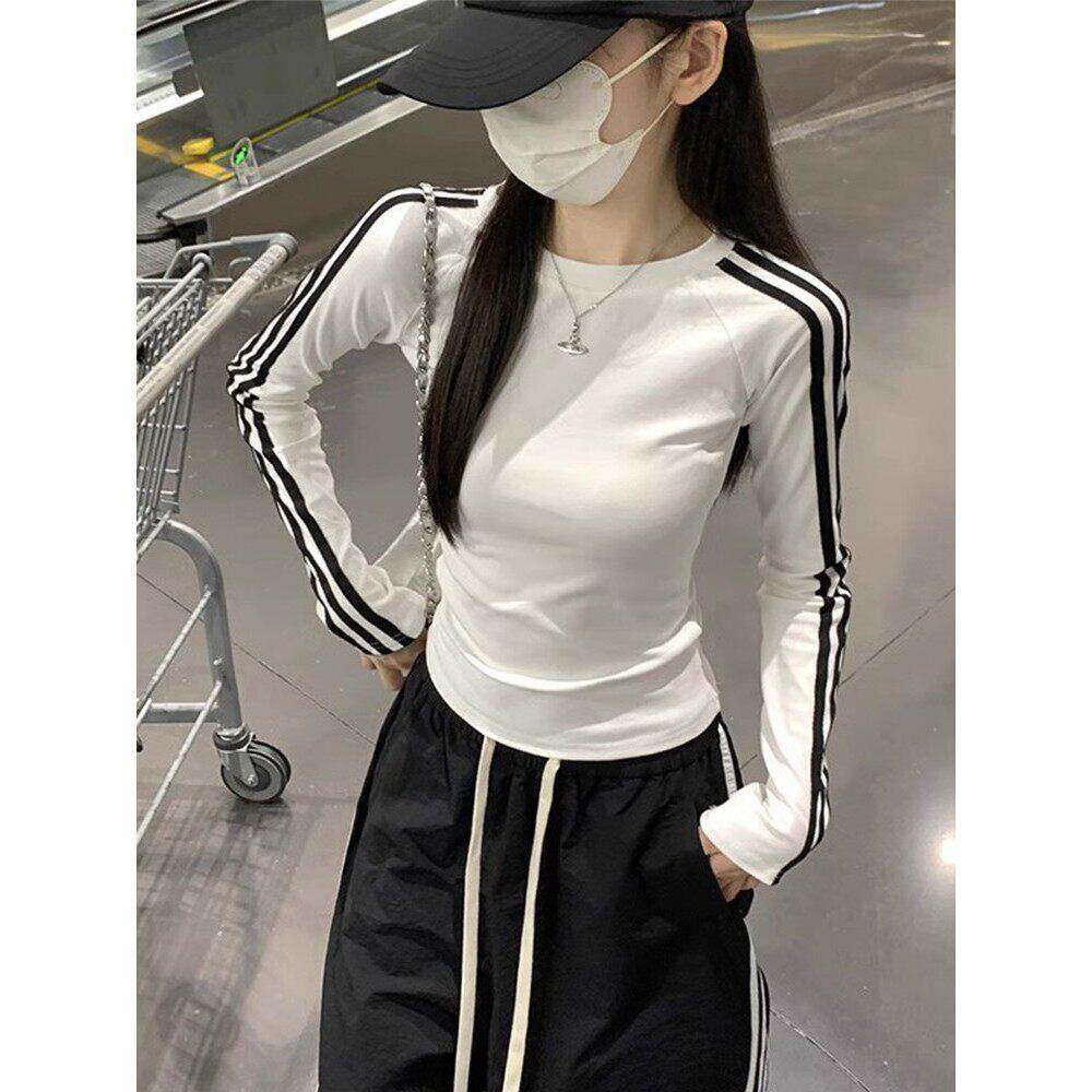 韩国美式辣妹插肩袖打底上衣女2025秋季杠条圆领修身内搭长袖T恤