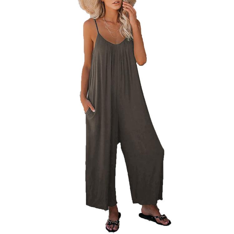 Womens trousers solid color pocket loose casual suspenders