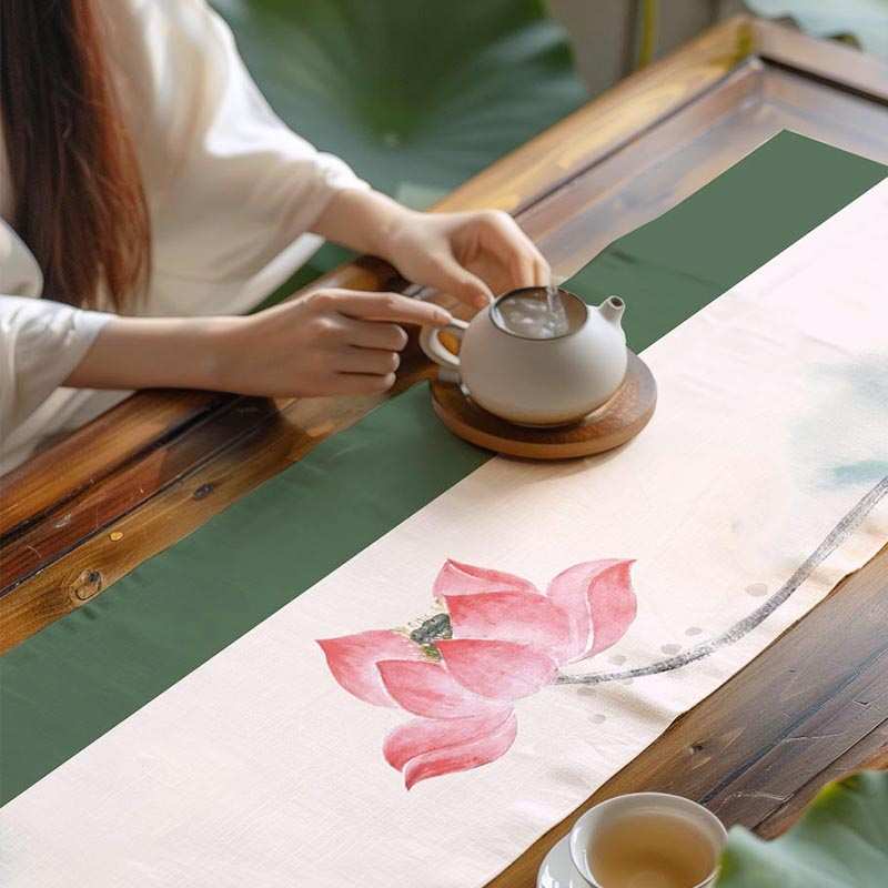 荷花桌旗茶布茶台茶席中式长条茶几餐桌日式中国现代桌布禅意防水