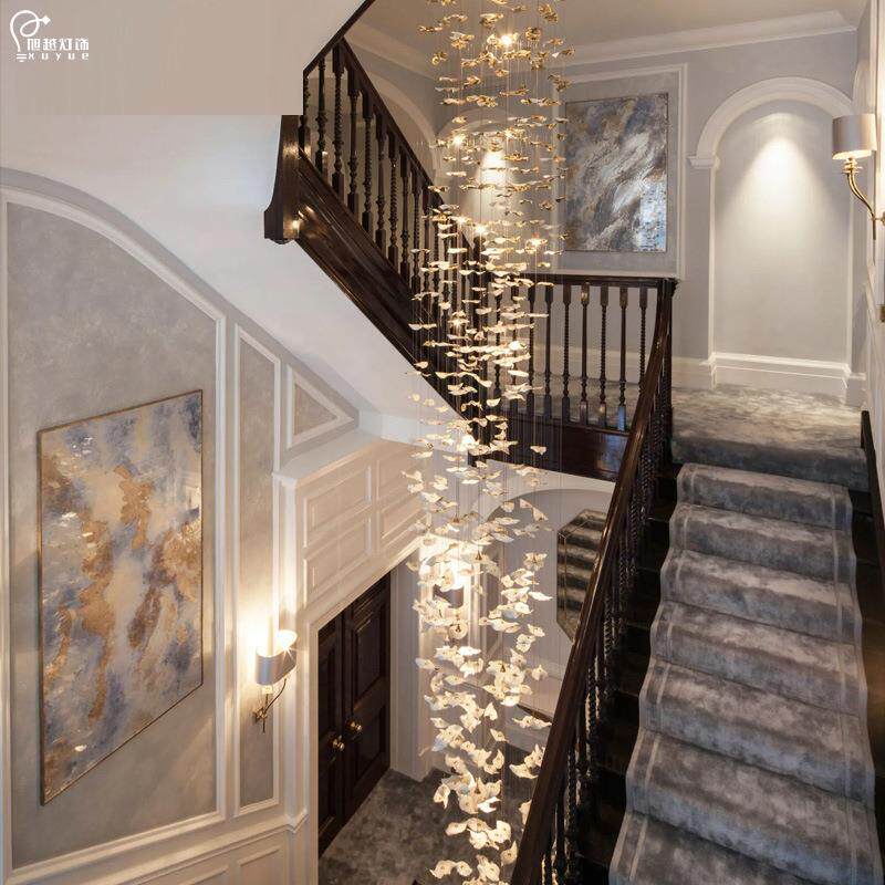 别墅复式楼吊灯客厅灯餐厅挑空楼梯间创意陶瓷金色叶片楼梯长吊灯