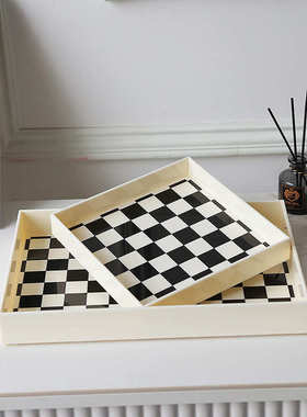 北欧ins黑白棋盘格进门玄关放钥匙收纳摆件家居装饰品桌面整理盘