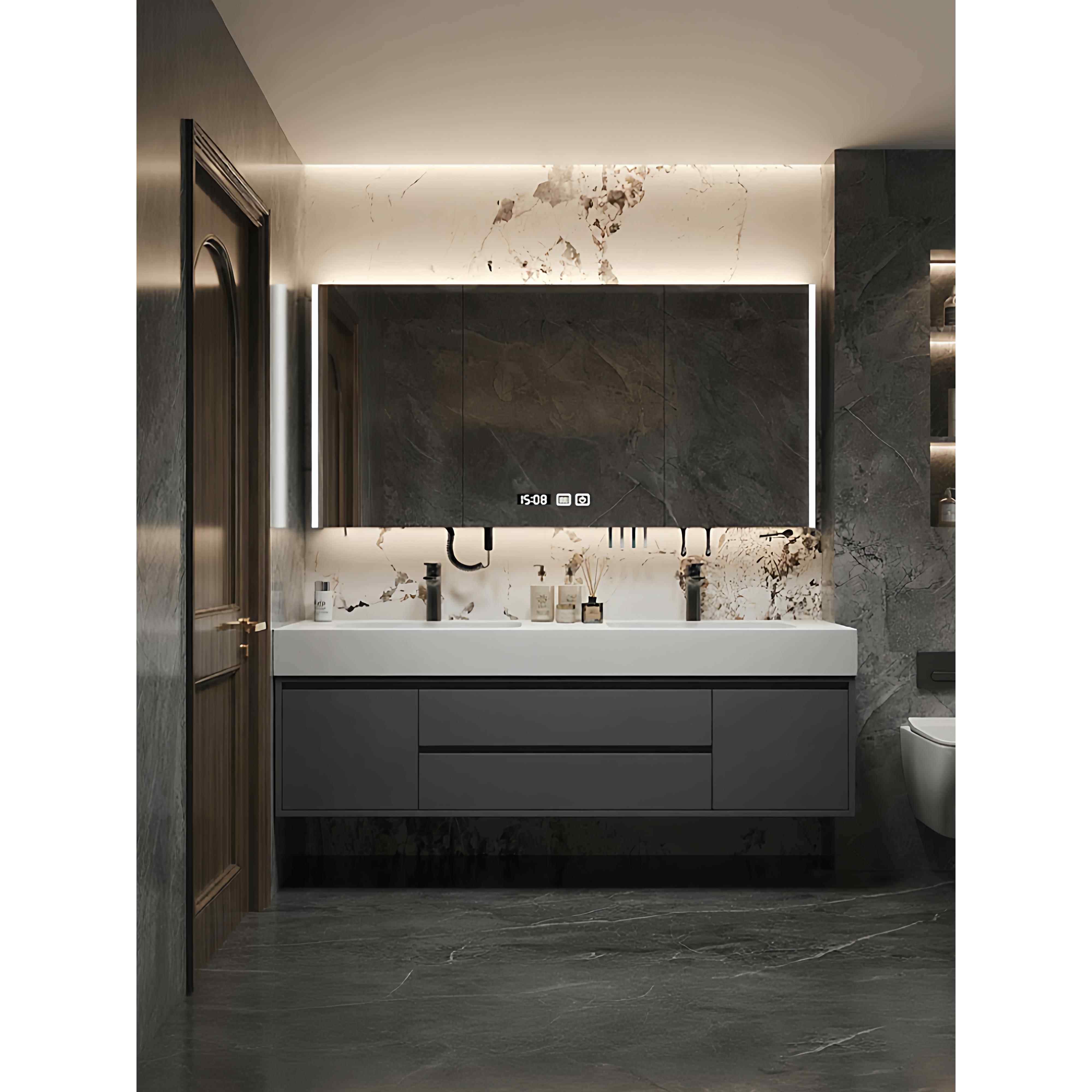 纯全铝蜂窝可丽耐一体盆浴室柜组合岩板热弯双盆洗漱台洗脸盆定制