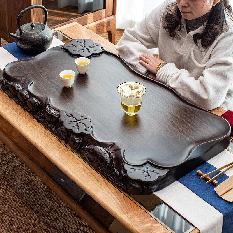 茶盘2026新款家用茶托盘大号雕刻整块乌檀木实木茶具小型茶台茶海
