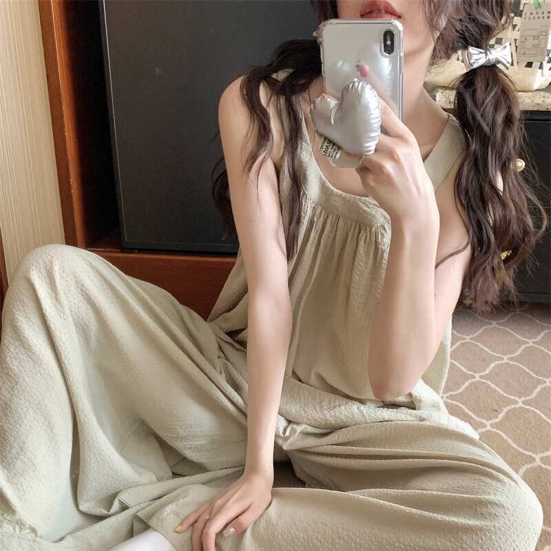 韩版吊带背心睡衣女夏天暗纹素雅睡衣/家居服套装