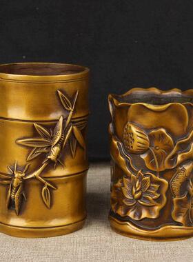 铜梅兰竹菊笔筒 铜花笔铸造浮雕金筒铜马笔筒铜龙 笔筒荷铜蝉笔筒