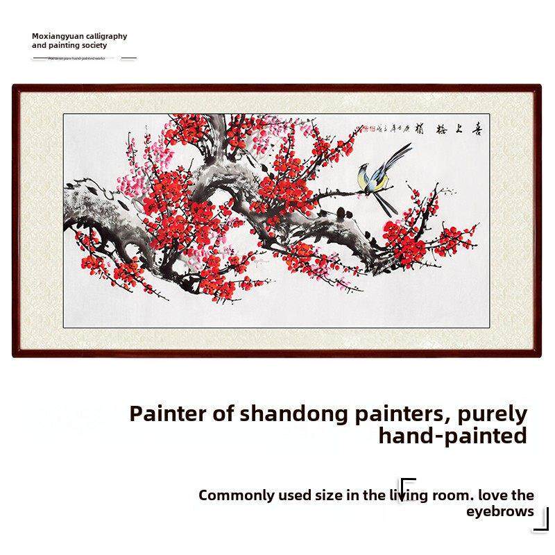 纯手绘喜眉喜鹊梅花图国画挂画客厅花鸟装饰画芯卷带框横版