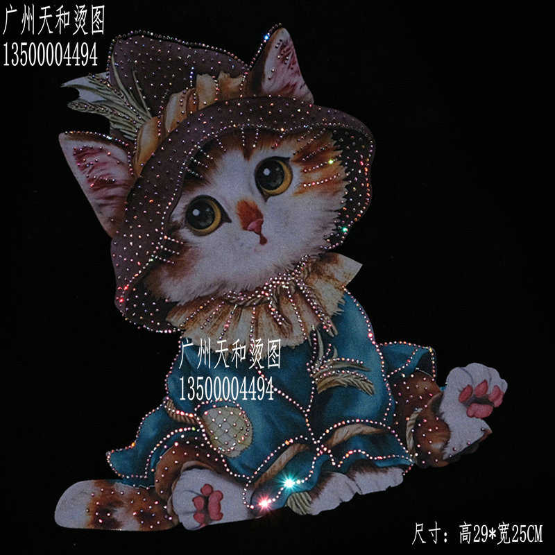 超闪可爱猫咪镭射衣服烫图烫钻图案贴服装辅料仿奥烫钻加工厂定制图片