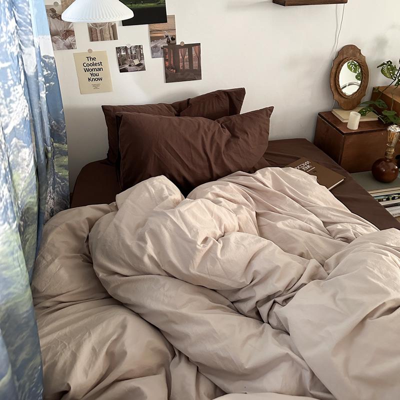 ins复古咖啡色水洗棉四件套简约床单被套床上用品三件套