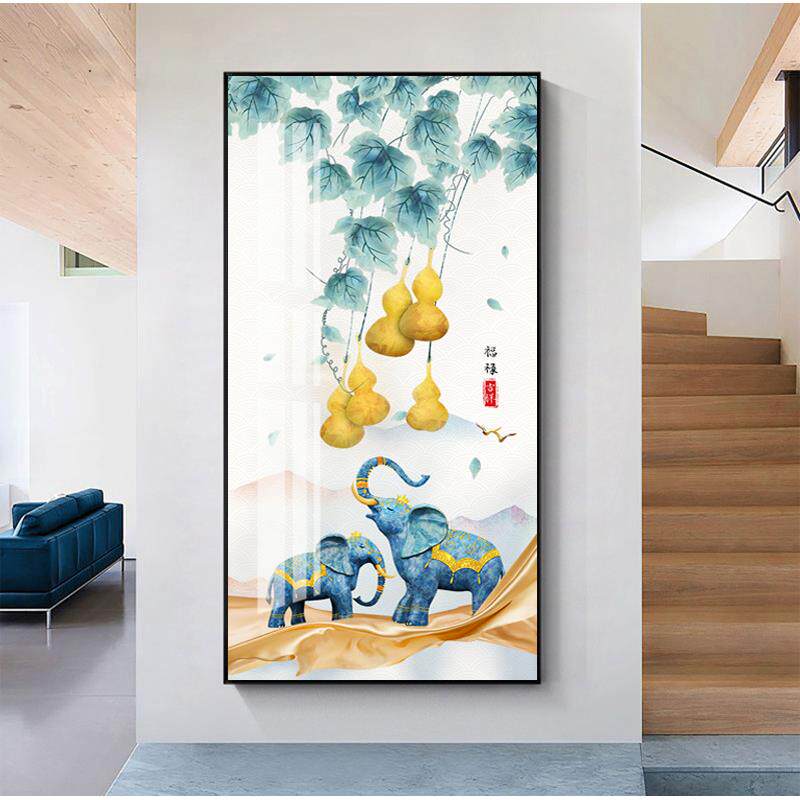 新中式玄关装饰画竖版入户走廊尽头过道进门五福临门挂画客厅壁画