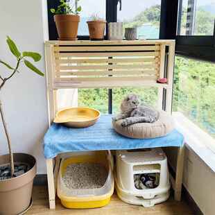 阳台猫砂盆上方置物架猫咪厕所移动花架实木多层宠物用品收纳架子