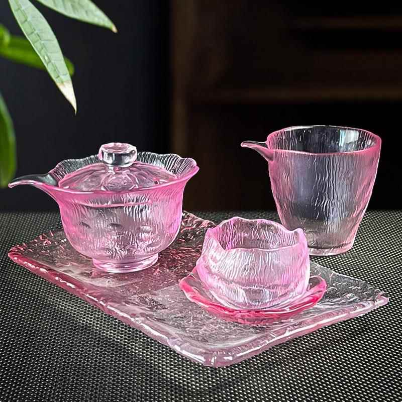 粉色玻璃茶杯冰冻烧磨砂主人杯夫人品茗杯女士上神公道杯盖碗茶杯