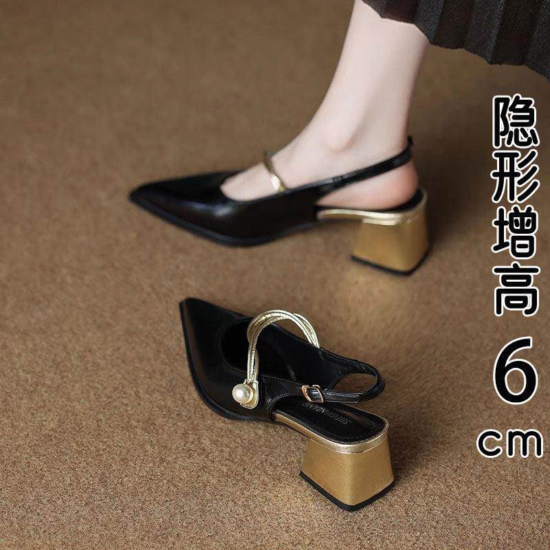 香港真皮绝美包头凉鞋女夏季外穿2026新款配裙子尖头粗高跟鞋单鞋