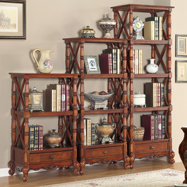 美式实木书架置物架组合书柜落地 欧式博古架客厅家用展示架书橱