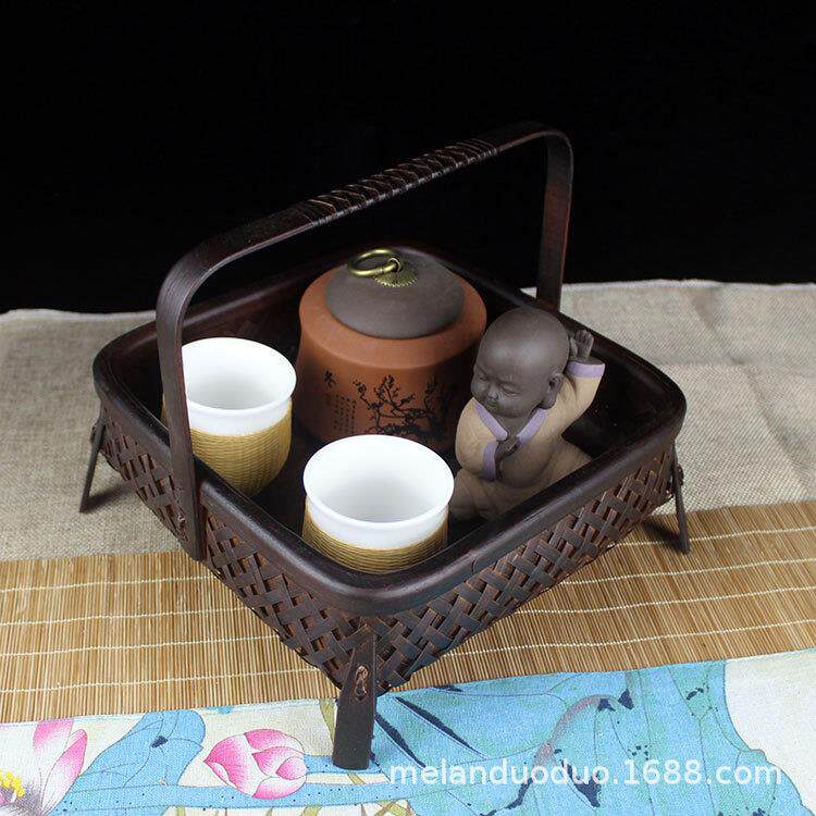 竹提篮手工编织竹篮子复古茶具茶道具点心篮四脚篮酒店餐具用品
