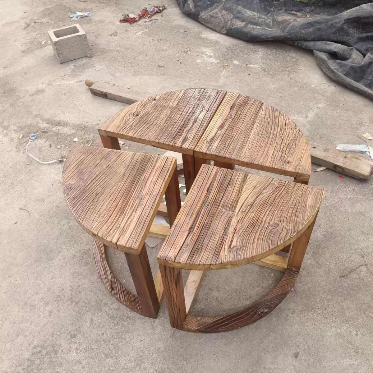 批发中式家具复古老榆木小圆桌家用餐桌椅组合款圆形茶桌椅小板凳