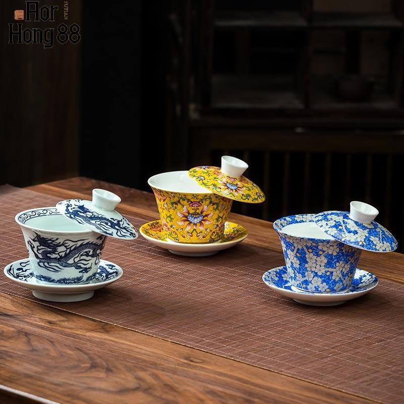 悬停青花瓷盖碗单个大号泡茶碗功夫三才盖碗茶具家用陶瓷带盖茶碗