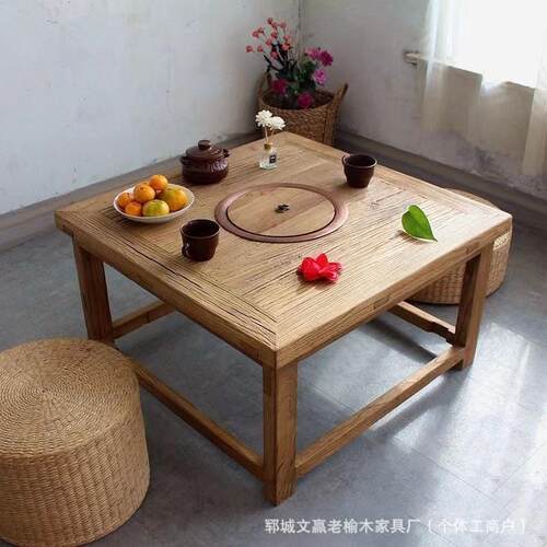 老榆木围炉桌实木火锅桌子家用火锅桌喝茶圆桌户外碳炉烤肉烧烤桌