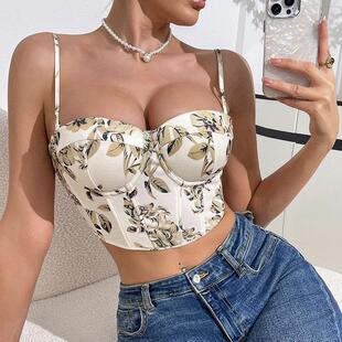 printed top vest fishbone tied Floral corset crop