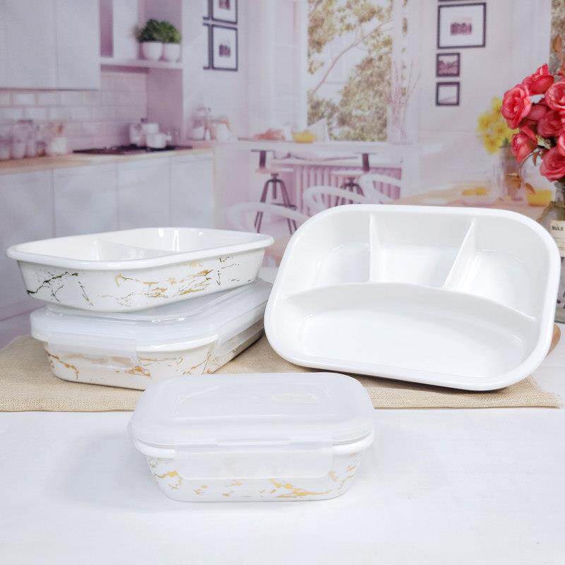 四格分格盘食品级陶瓷饭盒带盖子分隔型微波炉专用上班族大容量瓷
