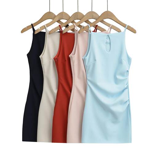 Drawn pleated hollow vest dress with waist bag and hip