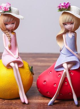 可爱粉色少女心美女摆件水果姑娘树脂娃娃送女朋友卧室装饰品礼品
