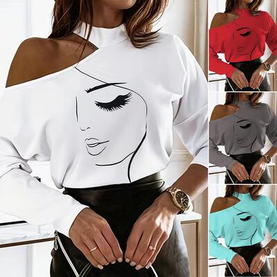 Autumn Winter New Casual Heart Print T-Shirt, Shoulder Cut