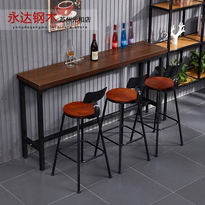 简约铁艺吧台吧凳奶茶店实木长条桌 工业风酒吧吧台凳组合桌椅厂