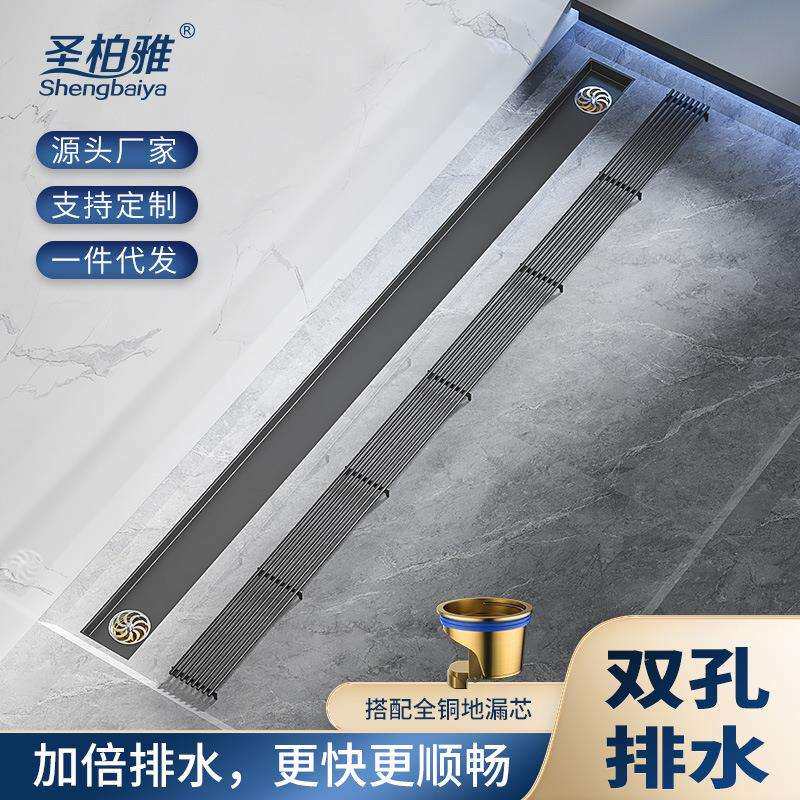 卫生间淋浴房长条304不锈钢枪灰色加大排量双孔排水铜芯防臭地漏