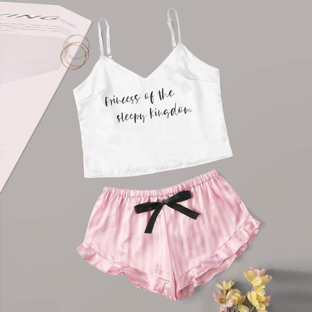 V-neck printed bra suspender pajamas 女式V领印花文胸吊带睡衣