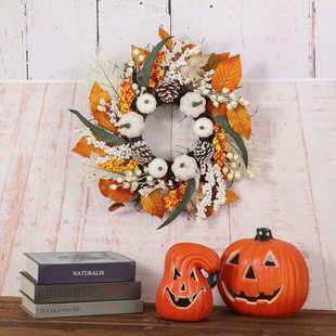 感恩节丰收节秋收枫叶白南瓜松果花环秋色挂件壁挂