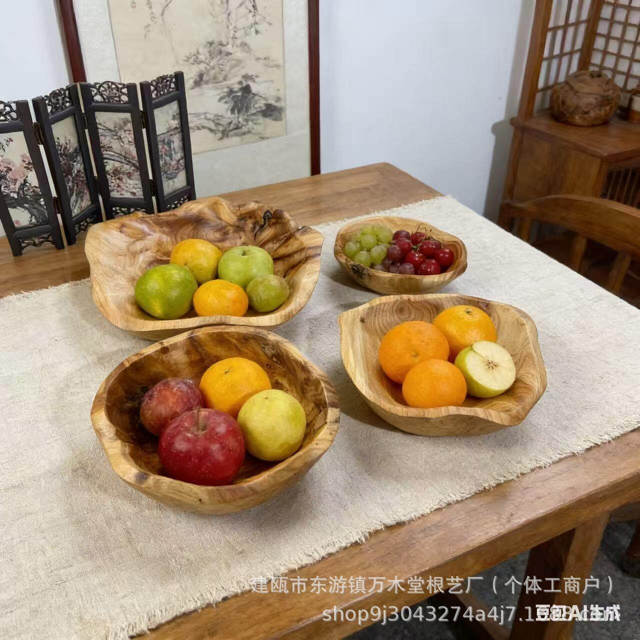 零食盘大容量木质水果盆实木果盆不规则复古客厅茶几果盘一件