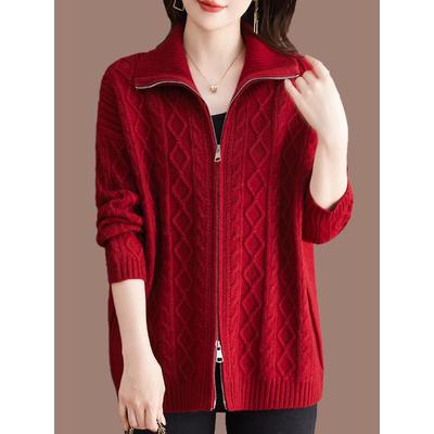 加肥加大码羊毛衫针织开衫女秋冬款加厚翻领妈妈洋气拉链毛衣外套