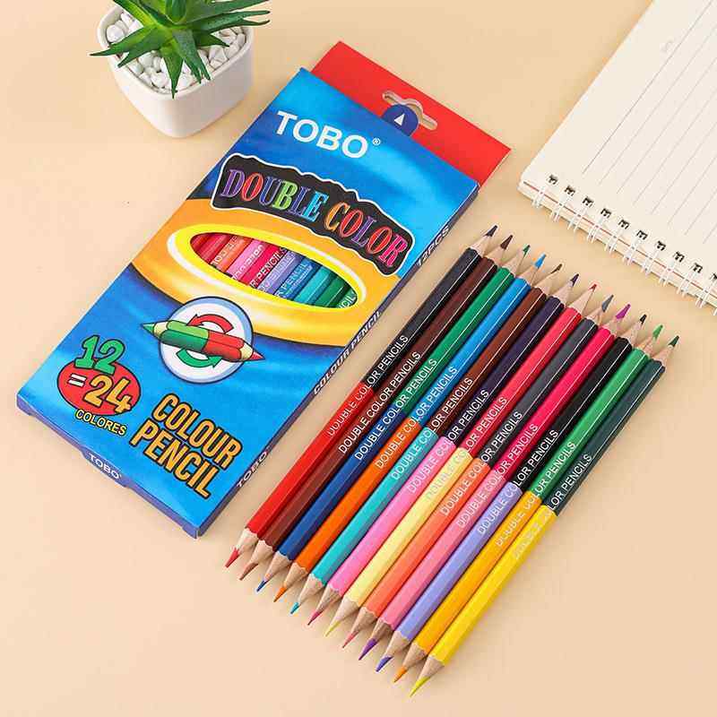 跨境现货双色笔双色彩铅12支24色双头芯彩色铅笔油性彩铅儿童铅笔