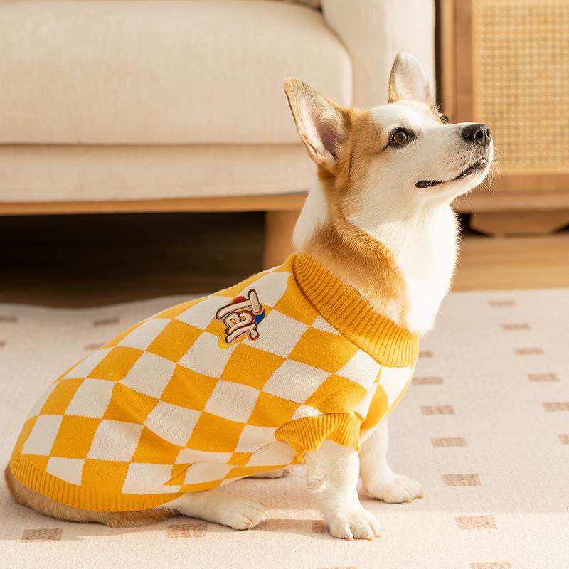 秋冬季棋盘格贴布柯基毛衣两脚衣中小型狗狗衣服加厚保暖宠物衣服