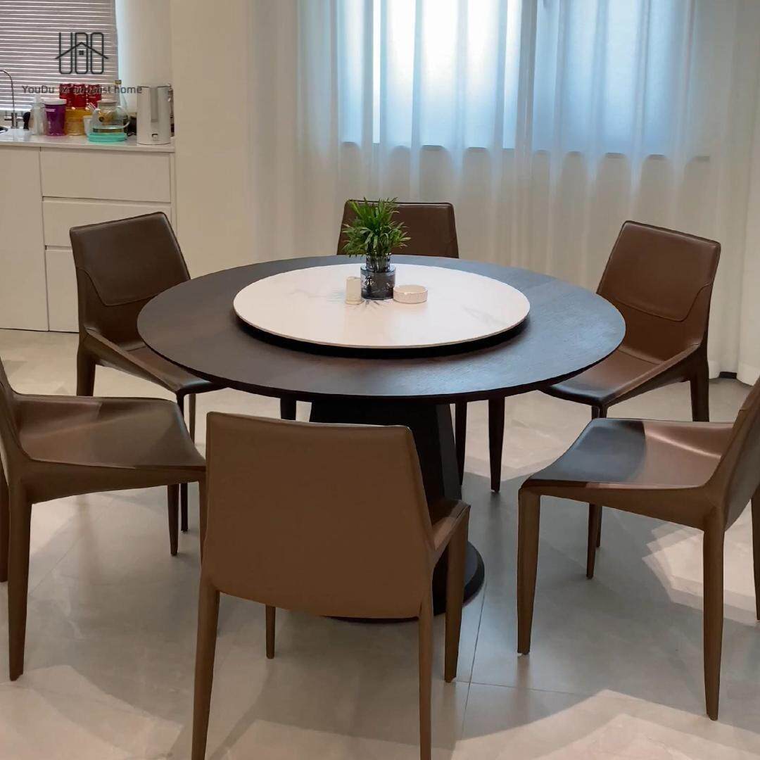 意式极简实木餐桌椅组合家用小户型旋转圆形桌带转盘岩板吃饭桌子
