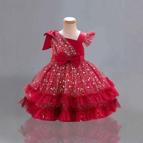 girls cap sleeves star print tulle dress twotier ruffle hem