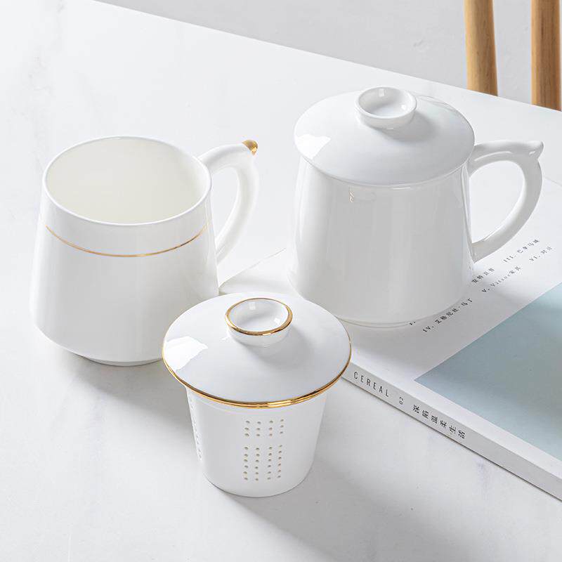 泡茶杯金边骨瓷过滤带盖家用办公室茶水分离杯陶瓷茶道杯个人茶杯
