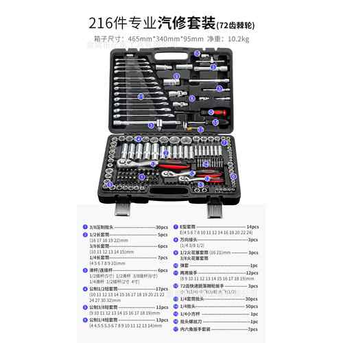 216件套套筒套装扳手 汽修维修 带棘轮 216pc手动工具