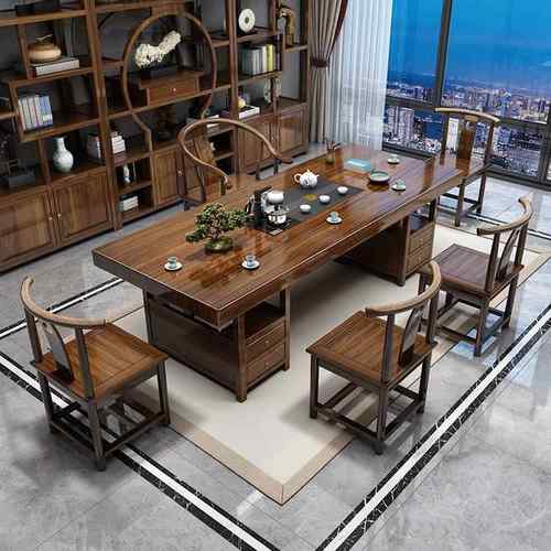 大板实木原木茶桌椅组合一桌五椅新中式办公室茶几家用泡茶台一体
