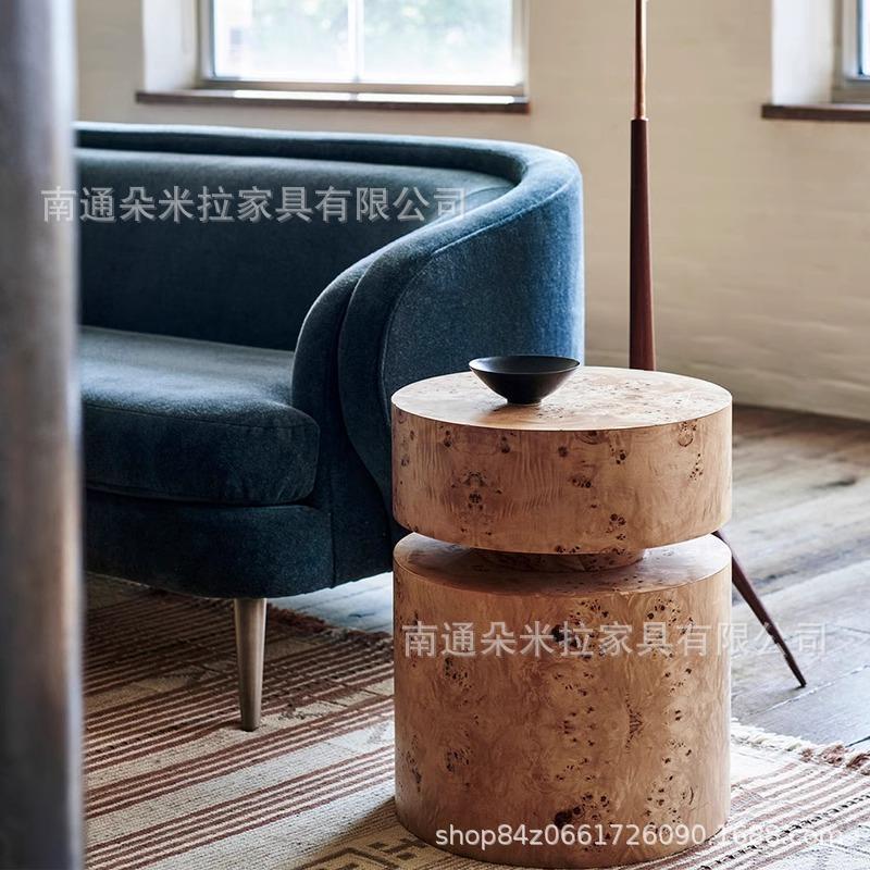 东方复古实木茶几客厅2024新款极简圆形树瘤皮沙发角几床头边几