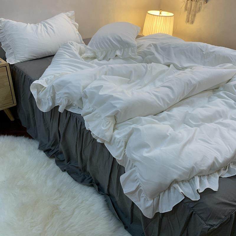 正品i日式简约纯叶灰色三1.8四件套ns荷花边被套床单床裙学生宿舍