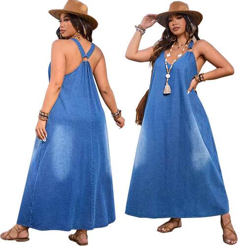 Women’s Sleeveless Denim Maxi Dress with Adjustable Cross