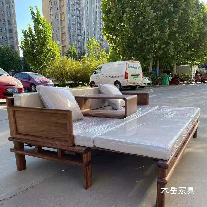 新中式北美黑胡桃木实木罗汉床推拉床榻客厅卧室冬夏两用伸缩沙发