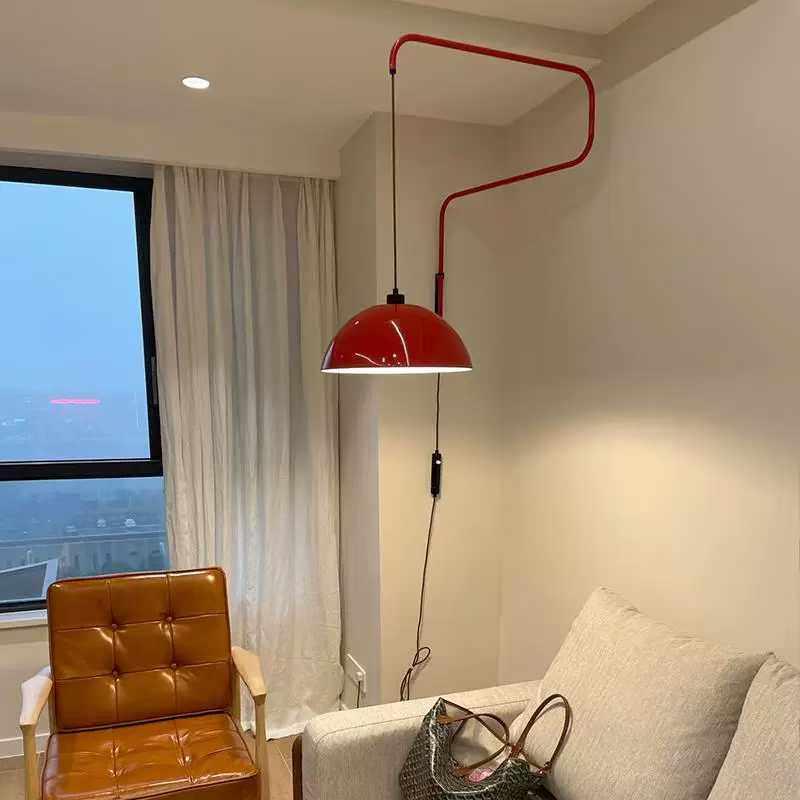 北欧摇臂壁灯卧室红色设计感慵懒风餐厅免接线折叠可伸缩壁挂灯具