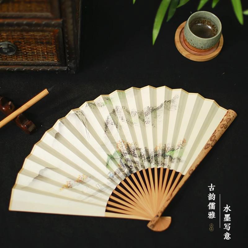 吉善扇子 8寸折扇梅鹿扇斑竹手绘扇中国风出国礼品扇文玩扇男式扇