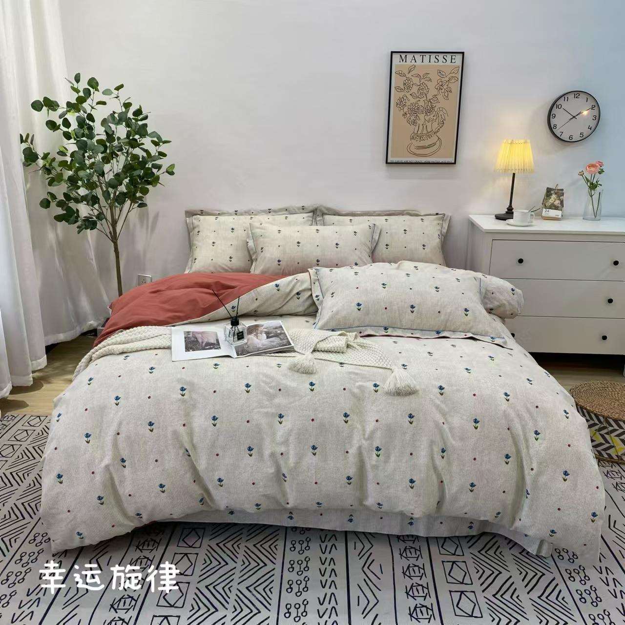 全单棉磨毛床件套Y小上清新花卉印花加厚秋冬被套床用品宿舍四用