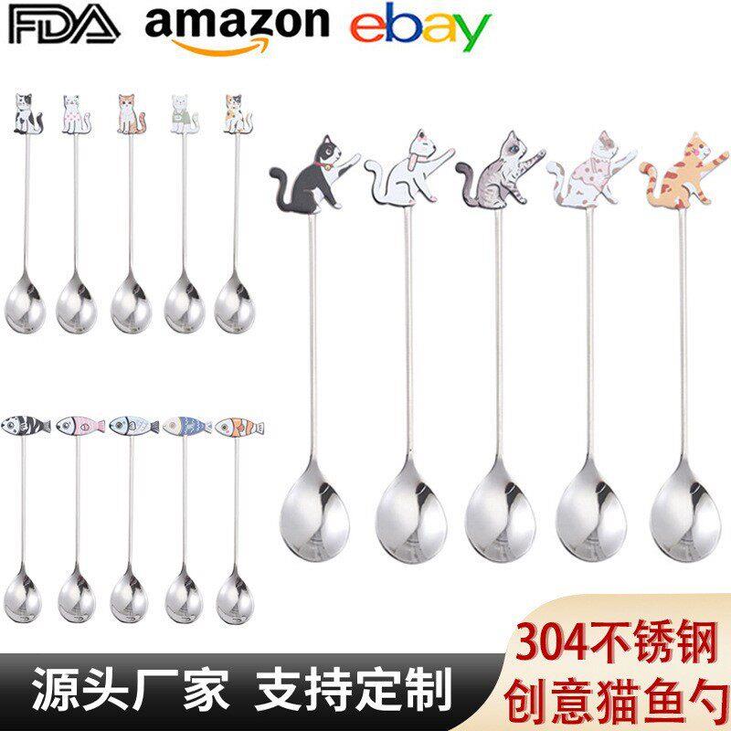 跨境304不锈钢勺子颜值卡通猫咪勺创意甜品勺咖啡勺蜂蜜搅拌勺