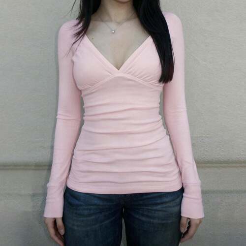 Pure Color Pleated V-Neck Long Sleeve T-Shirt Y2K Vintage